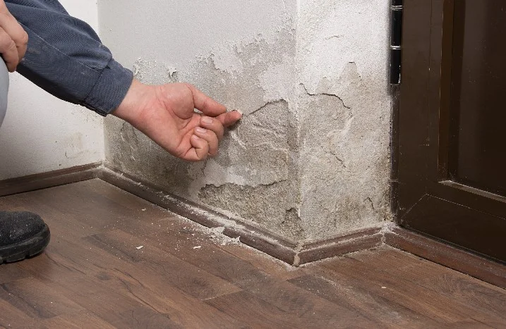 Person inspiziert bröckelnden Putz
